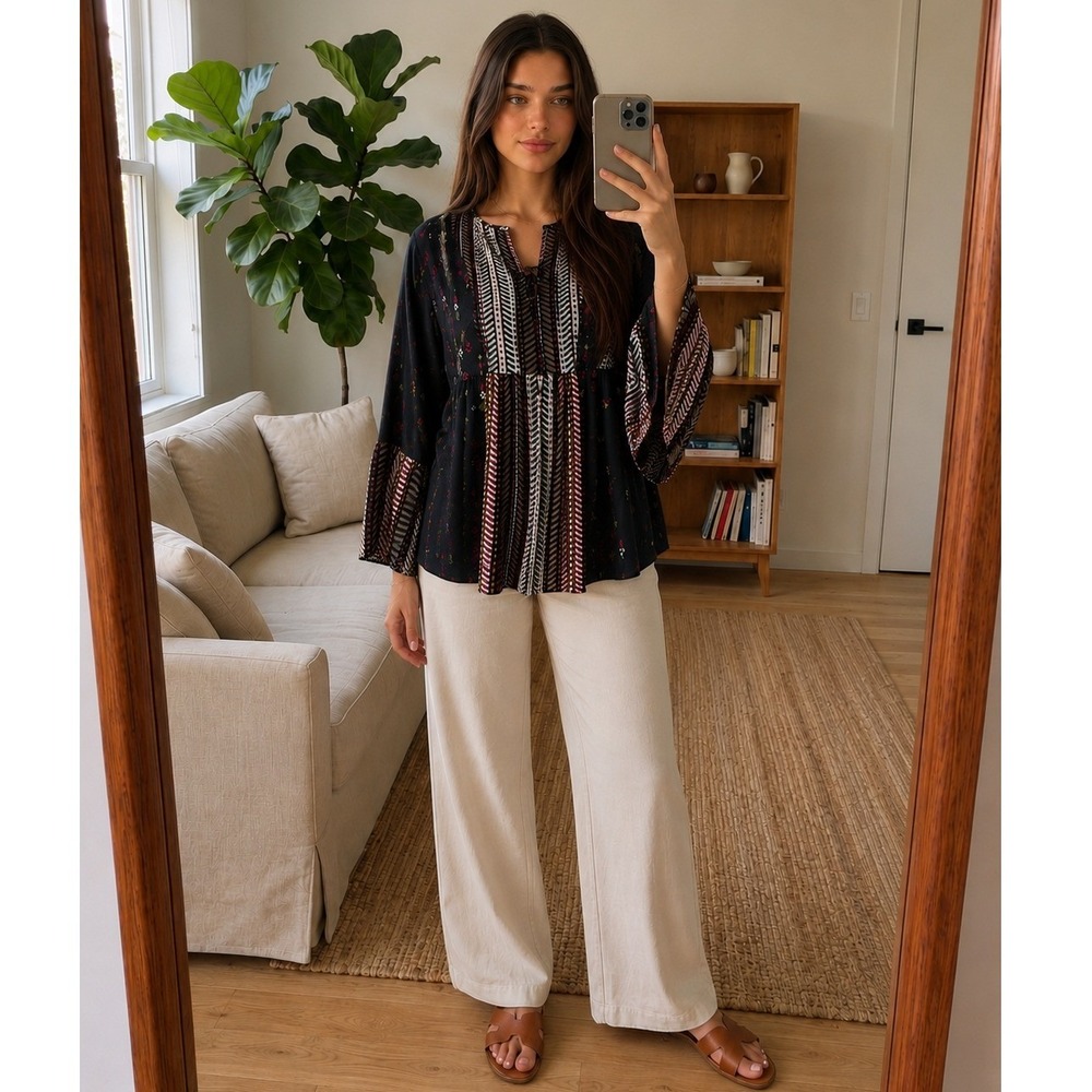 Umgee Boho Tunic Top M Mixed Print Lace Up‎ Bell Sleeve Southwestern Peasant